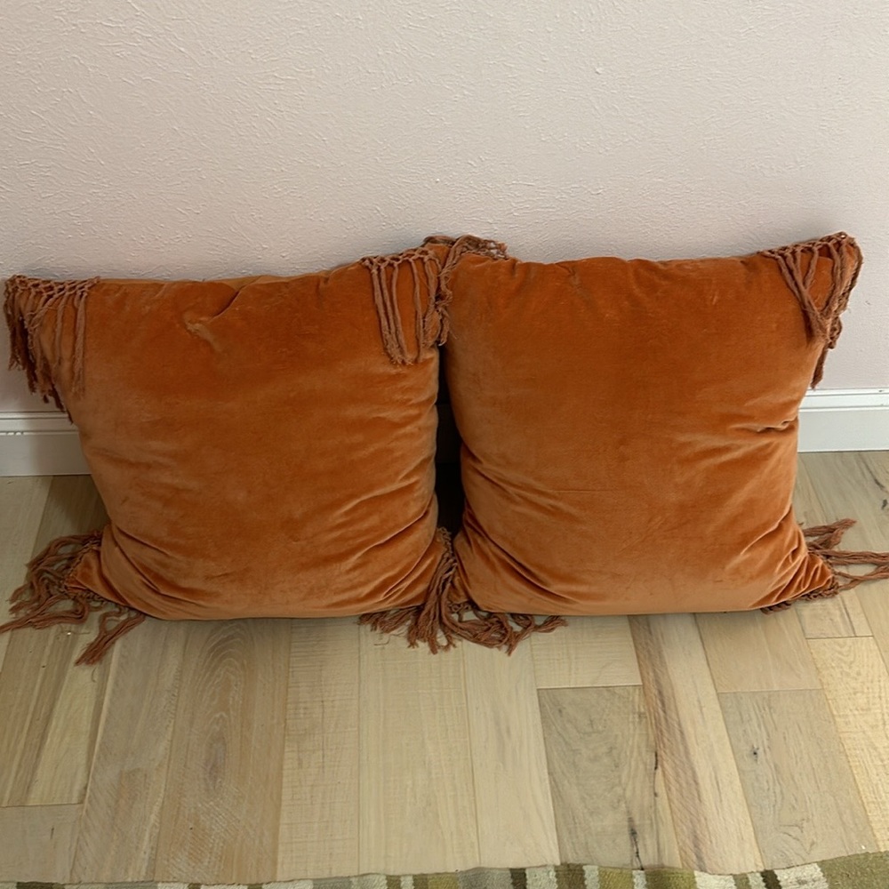 Opalhouse Orange Velvet Euro Pillows w Crochet Fringe (2)